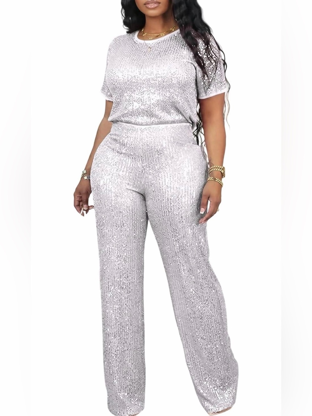 Silver Sequin Wide-Leg Pantsuit - Stylish Evening Set